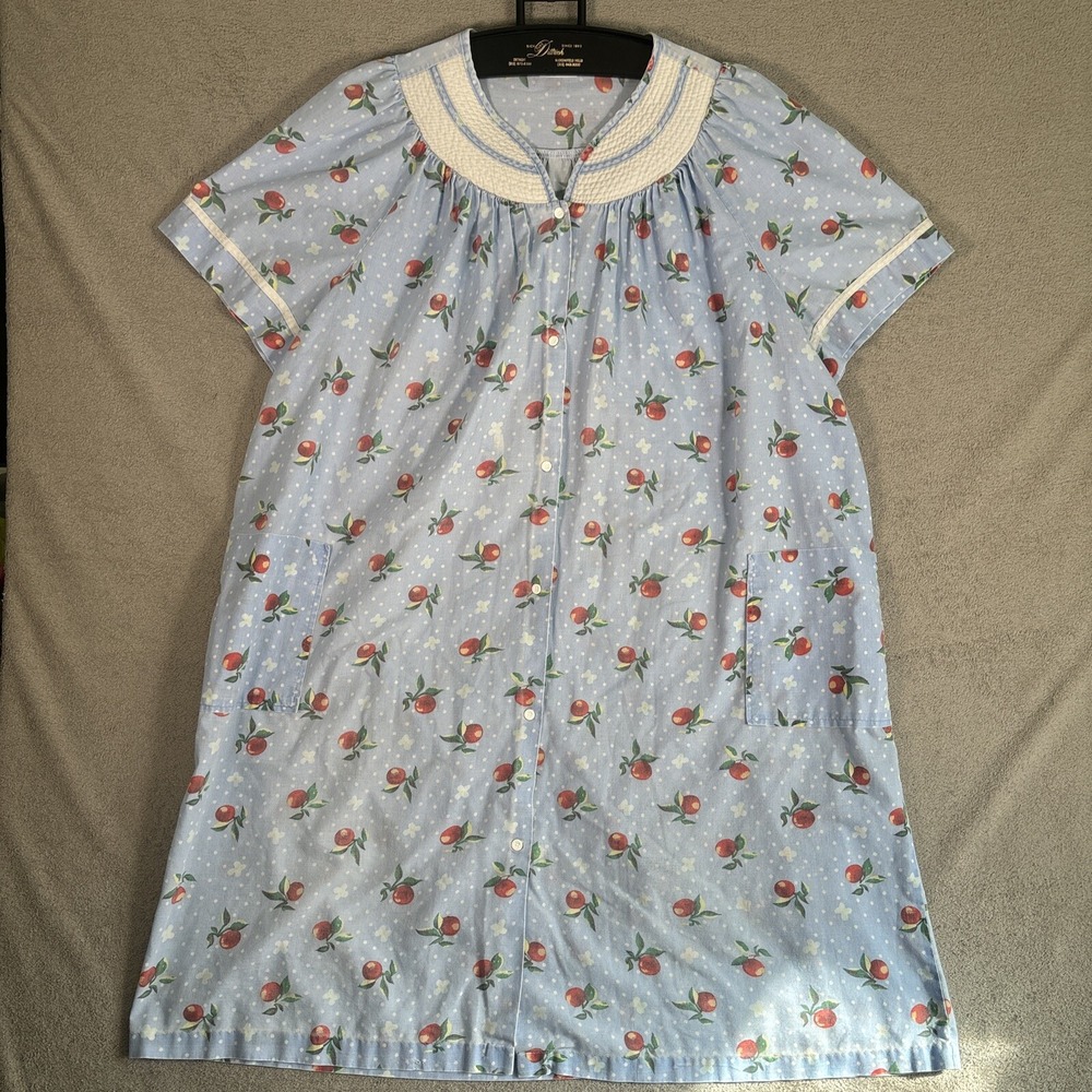 Simply Basic Blue Fruit Polka Dot Button Front House Dress Mumu Pockets L/XL